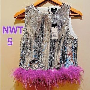 Lucy Paris Silver Sequin Top with Pink Feather Trim